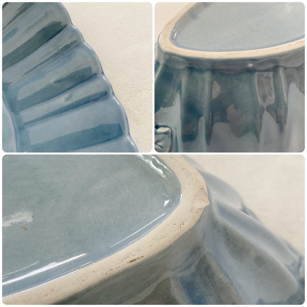 Vintage Blue Glazed Ceramic Centerpiece Bowl Leaf Handle MCM Console Bowl - Picture 13 of 16